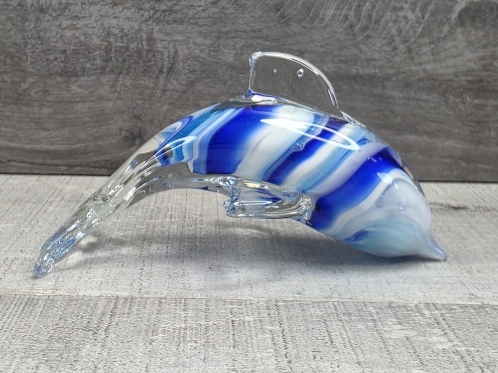 Art Glass Blue & White Striped Dolphin Paperweight Decor Sea Life Beach 80.26